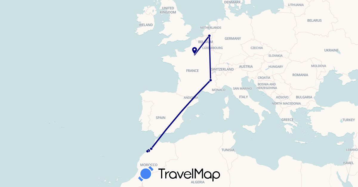 TravelMap itinerary: driving in France, Morocco, Netherlands (Africa, Europe)