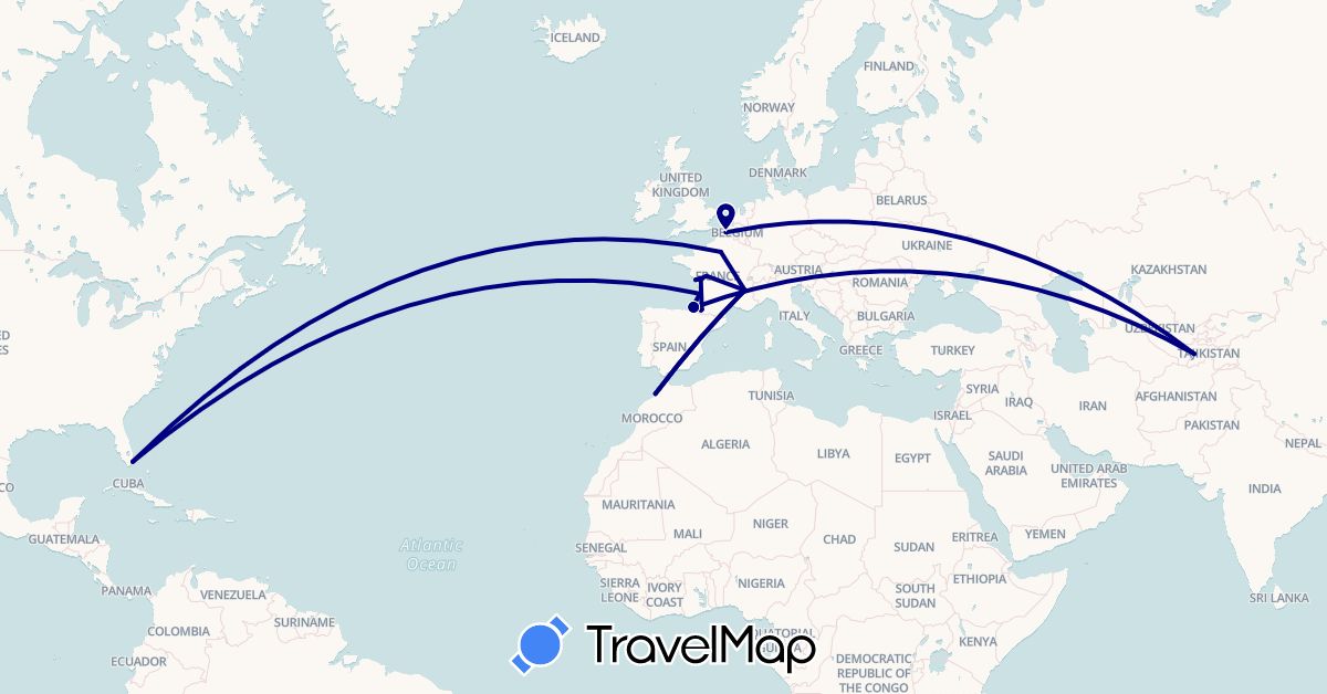 TravelMap itinerary: driving in France, Morocco, Tajikistan, United States (Africa, Asia, Europe, North America)
