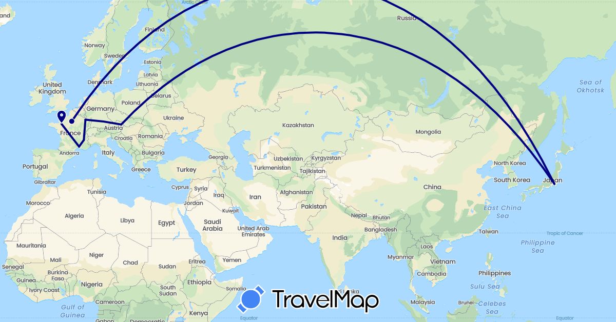 TravelMap itinerary: driving in Austria, France, Japan (Asia, Europe)