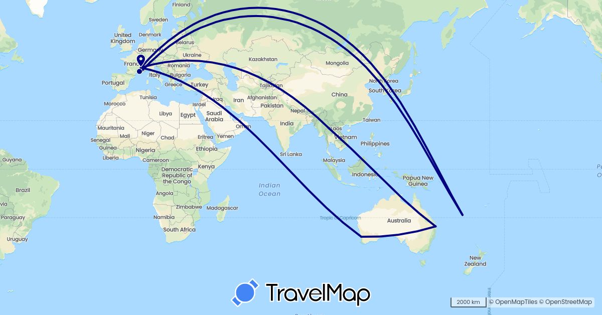 TravelMap itinerary: driving in Australia, France, New Caledonia, Thailand (Asia, Europe, Oceania)