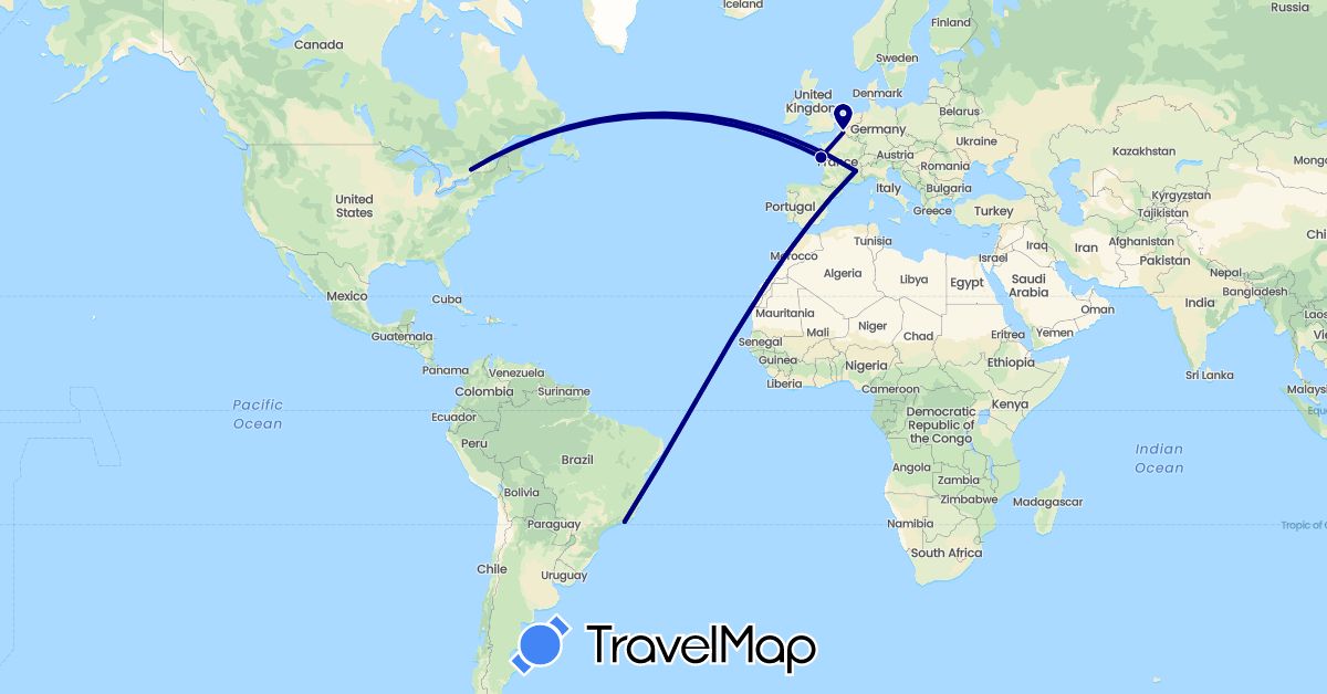TravelMap itinerary: driving in Brazil, Canada, France (Europe, North America, South America)