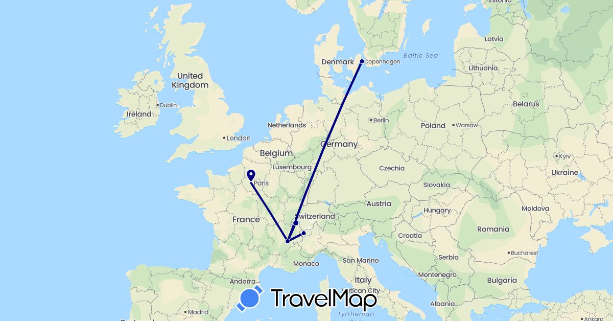 TravelMap itinerary: driving in Denmark, France, Italy (Europe)