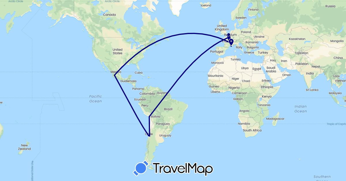 TravelMap itinerary: driving in Chile, France, Mexico, Peru (Europe, North America, South America)