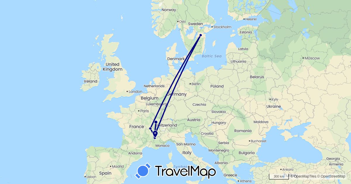TravelMap itinerary: driving in France, Sweden (Europe)
